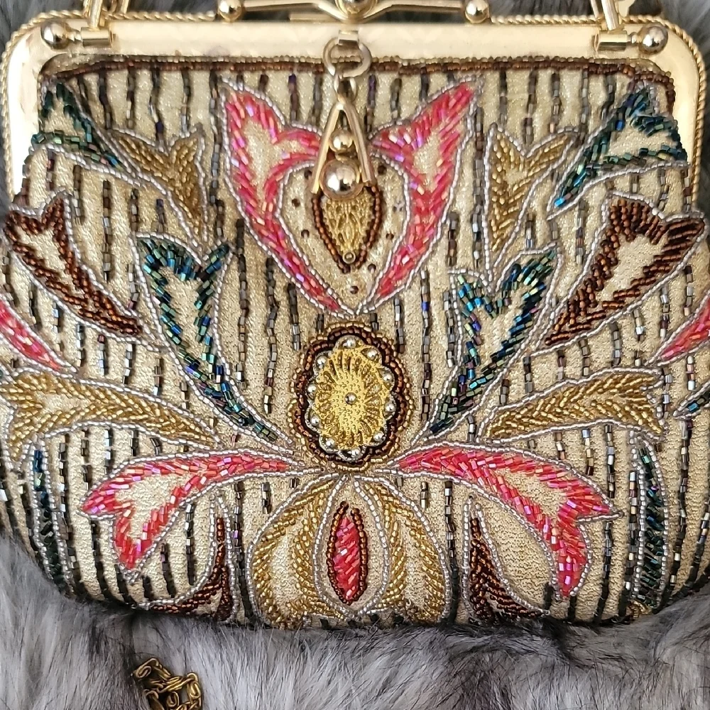 Gold and Multicolor Beaded  Women's Clutch With Crossbody Chain